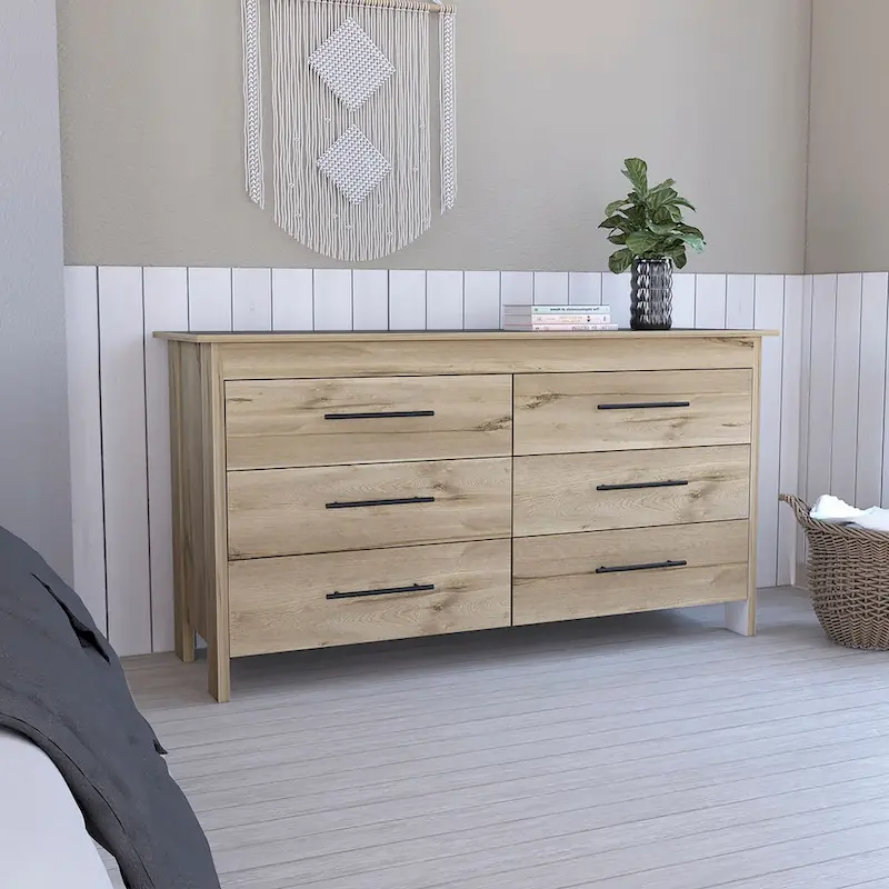 6-Drawer Rectangle Dresser Light Oak and White