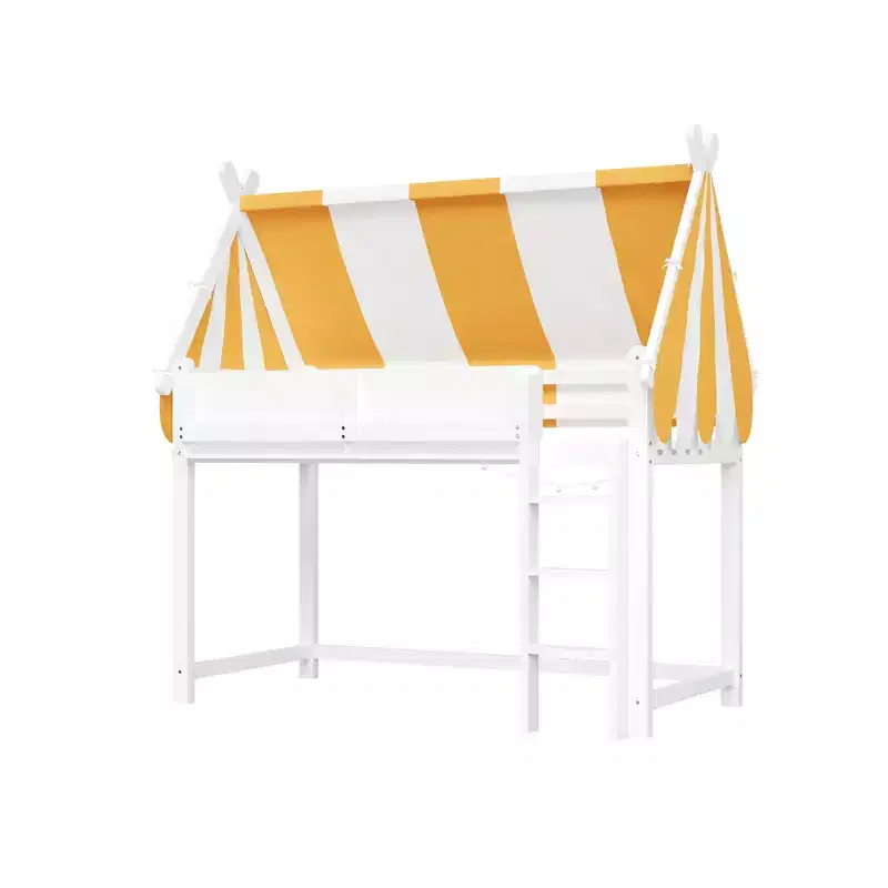 Polibi Canopy Loft Bed with LED String Lights & Front Bookshelf