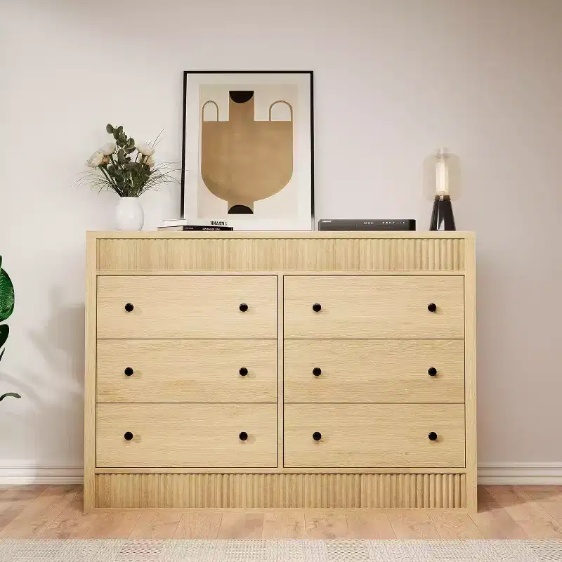 6-Drawer Dresser with Fluted Panel Design, Oak Finish – Bedroom Storage Chest