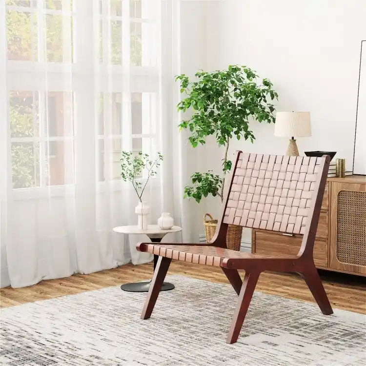 Woven Leather Accent Chairs with Wood Frame