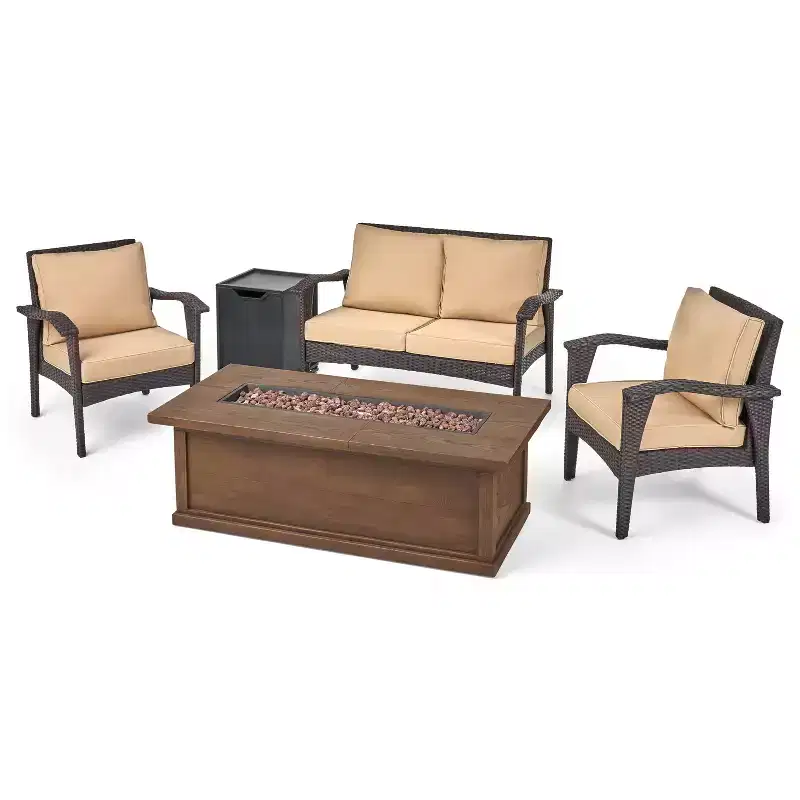 GDFStudio Hilary Outdoor Wicker 4 Seater Chat Set with Fire Pit