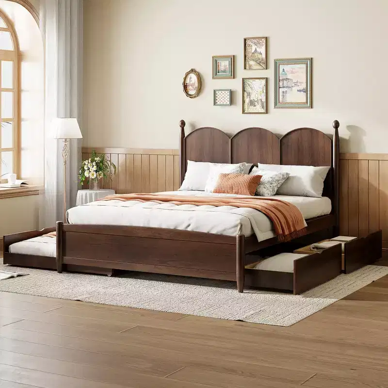 Queen Platform Bed with 2 Drawers & Twin XL Trundle – MDF & Pine, 750 lb Capacity, Curved Headboard