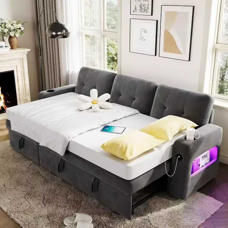 L-Shaped Sofa,Sleeper Sofa Couch, Convertible Pull Out Sofa Bed with Storage, Led Lights, Modern Sectional Sofa for Living Room, Apartment, Grey