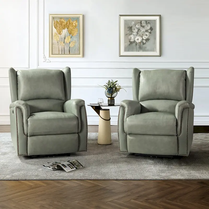 Genuine Leather Power Recliner with USB Port – Wingback Nailhead Set of 2