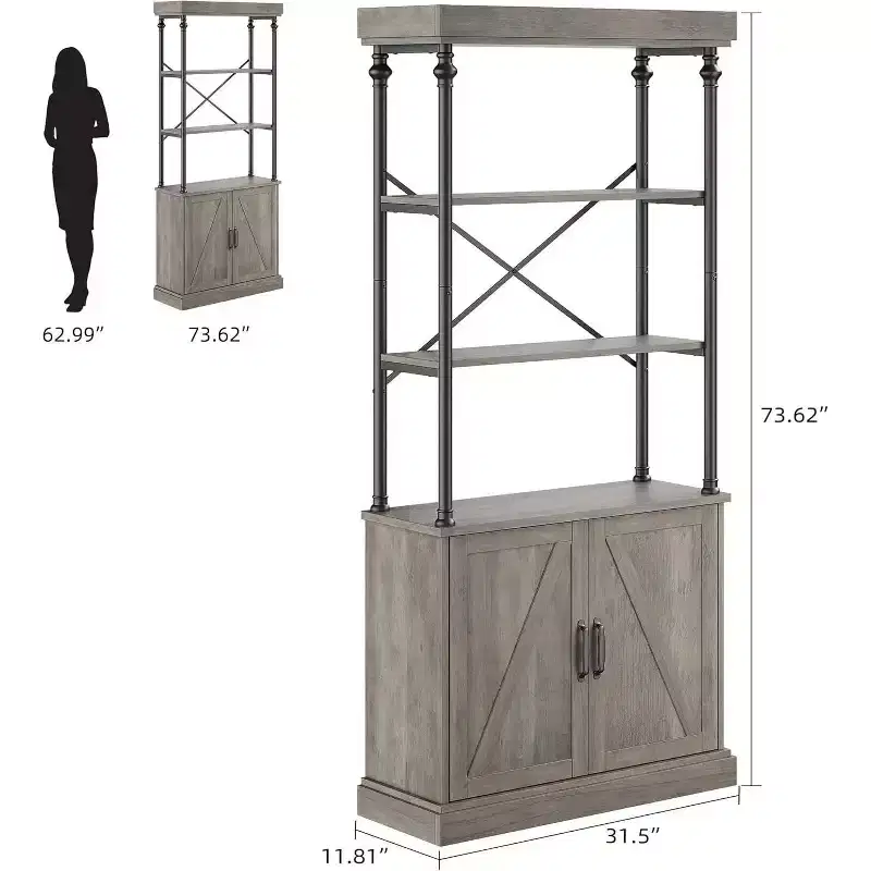 Tall Bookcase with Doors, 4-Tier Industrial Bookshelf with Cabinet, Wood & Metal Frame