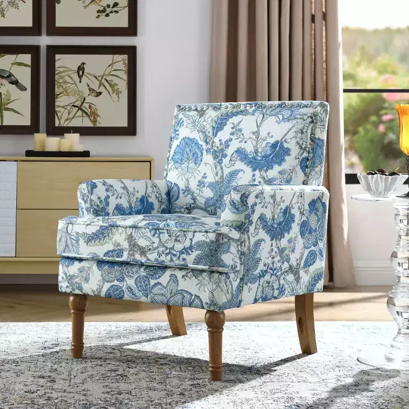 Farmhouse Upholstered Floral Chair with Nailhead Trim, Solid Wood Leg Accent Armchair for Living Room, Bedroom or Entryway-Panipeachy