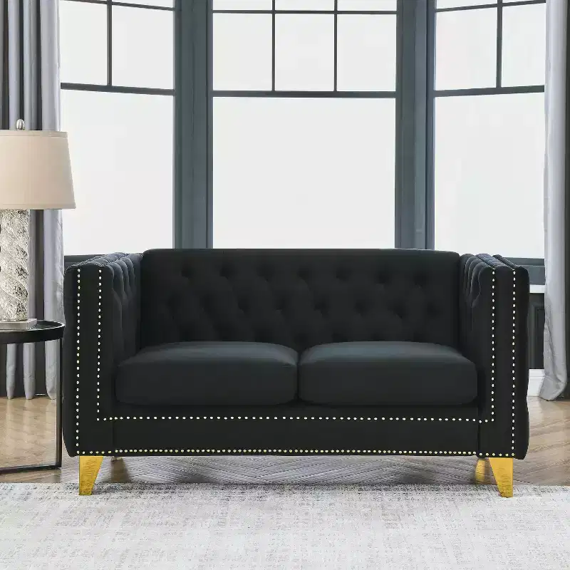 Button-Tufted Velvet 2-Seater Sofa with Square Arms & Metal Legs, Nailhead Trim