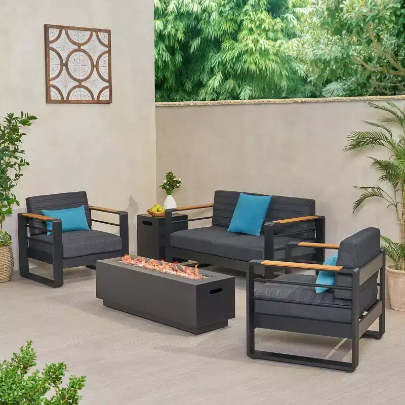 Christopher Knight Home Ostrander 4-Seater Outdoor Aluminum Chat Set with Fire Pit Table, Black/Dark Gray