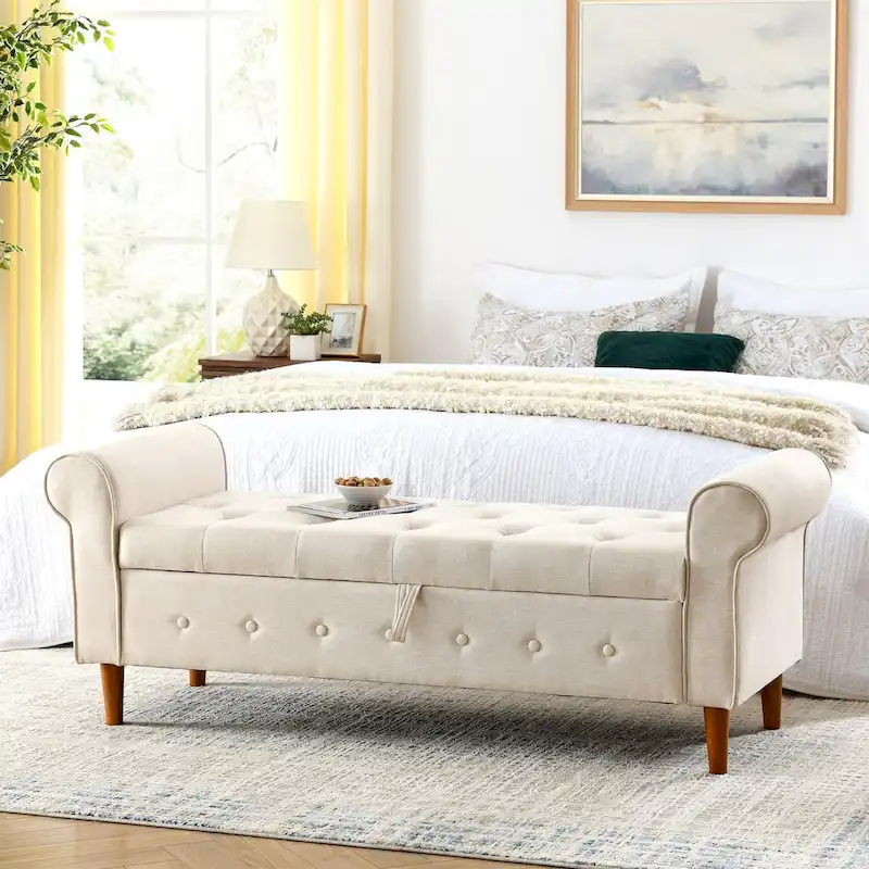 Diamond-Tufted Storage Bench with Rolled Arms and Snap Hinge Lid – Beige / Grey / Black / Blue, 2-Person Use