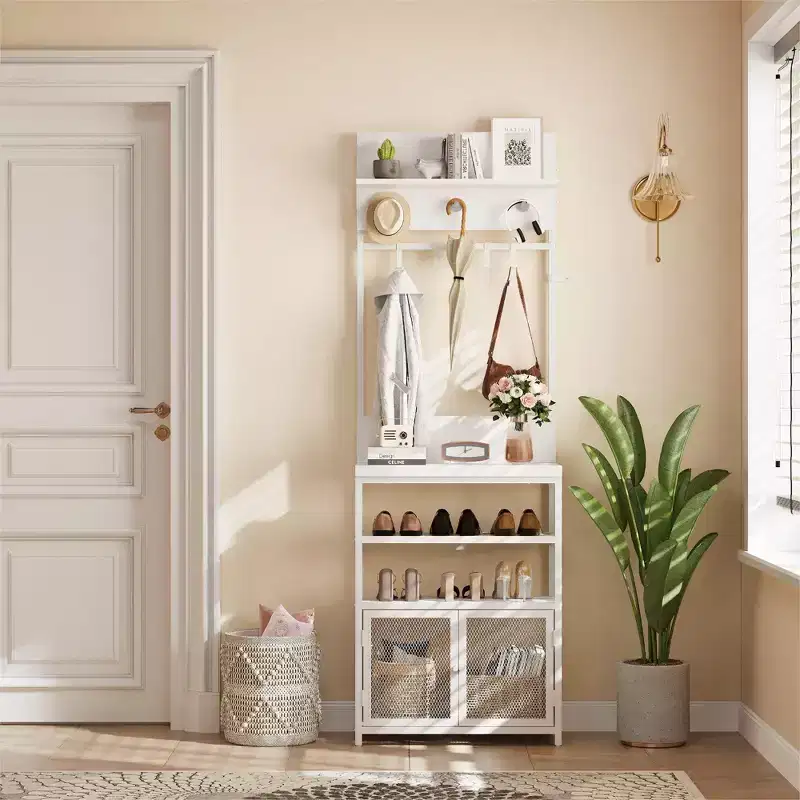 31.5 Wooden Hall Tree  Entryway Table with Coat Rack, 2-Tier Shoe Shelf, 7 Hooks & Mesh Cabinet for Foyer or Front Door