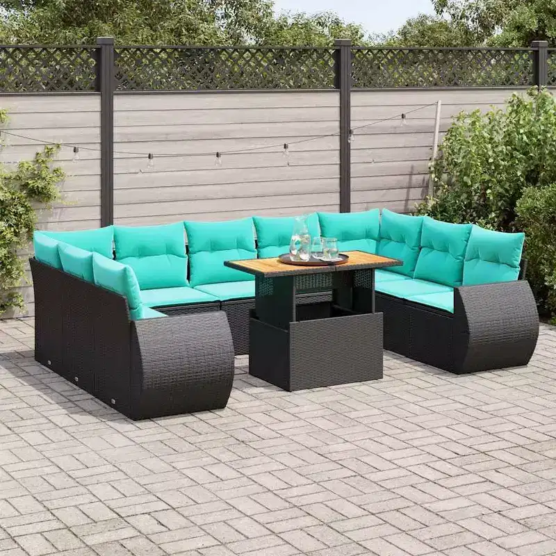 vidaXL 10 Piece Patio Sofa Set with Cushions Black Poly Rattan