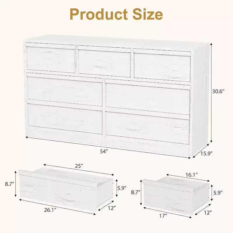 7/8 Drawer Dresser, Wide Wooden Chest of Drawers, Large Storage Organizer for Bedroom, Living Room, Nursery & Entryway