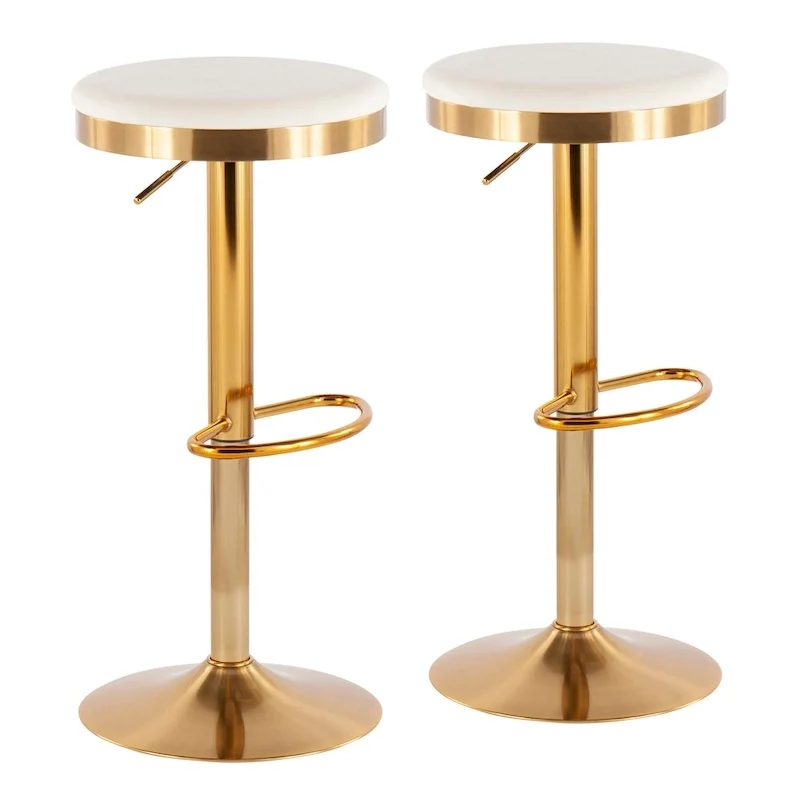 Set of 2 Counter Bar Stools | Gold Steel Frame | White Faux Leather | Adjustable Height