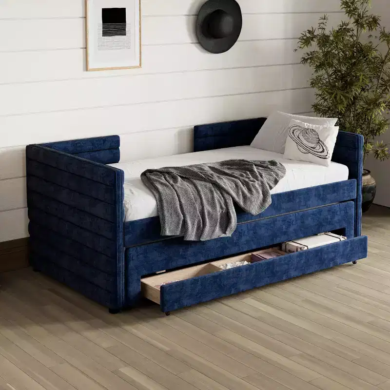 Twin Size Sofa BedModern Upholstered Couch Bed Frame with Pull-Out Trundle Bed & Under-Bed Storage Drawers for Guest Room-for Living Room, Bedroom