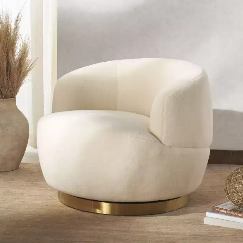 Faux Lamb Wool Swivel Chair, Ivory and Gold