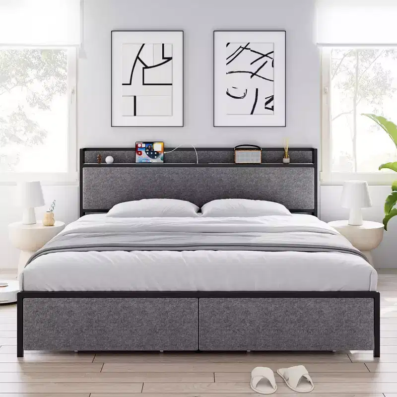Upholstered King Platform Bed with Storage Headboard, 2 Drawers & Charging Station for 1