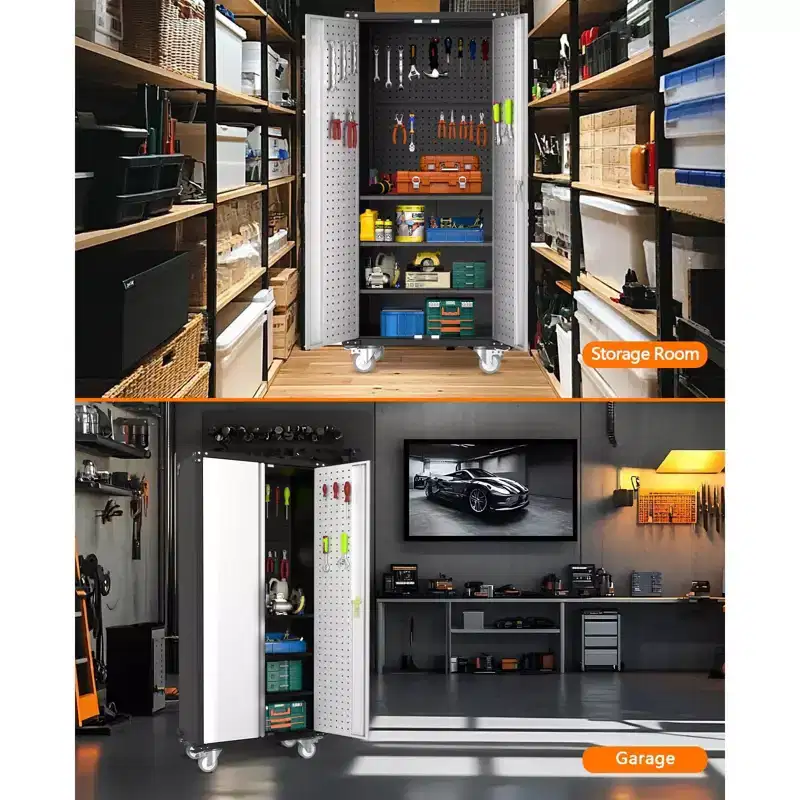 Heavy-Duty Tall Metal Storage Cabinet  Lockable Doors, 4 Adjustable Shelves, Wheels  for Pantry, Garage, Office  Light Grey/Dark Grey
