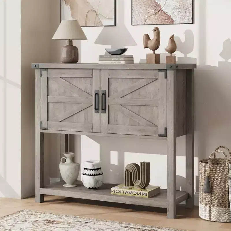 Kitchen Sideboard Buffet, Farmhouse Coffee Bar Cabinet with 2 Doors & Shelf, Wooden Console Table for Entryway, Living Room, Hallway Storage