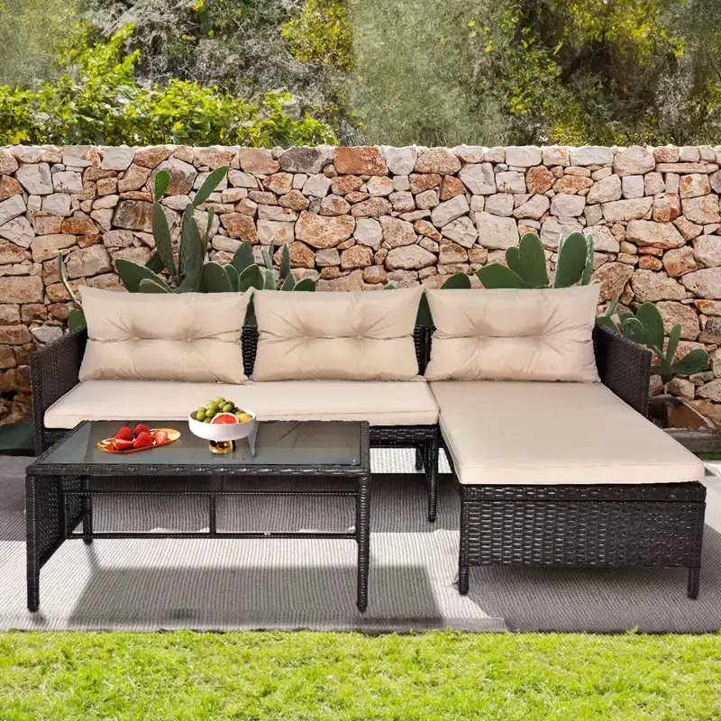 Karl Home Brown Wicker Outdoor Sectional Set with Beige Cushions