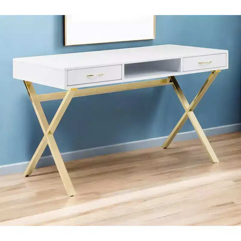 HomeRoots 47 White and Gold Wood and Metal Computer Desk With Two Drawers