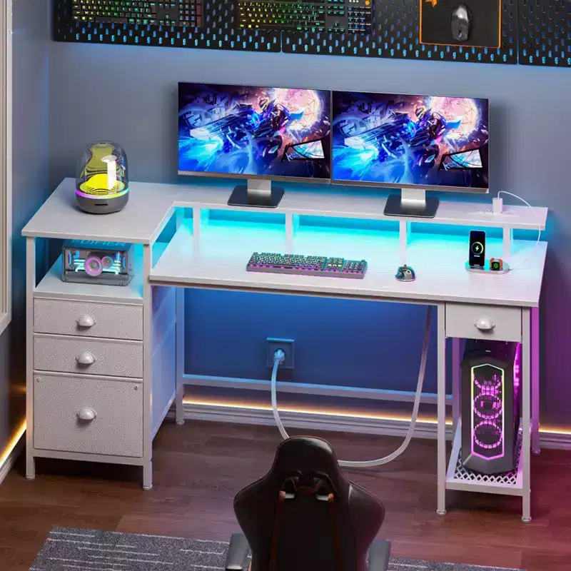 60 Inch White Computer Desk with Charging Station Gaming Desk LED Lights 4 Drawers File Cabinet Storage Home Office Work Table Modern Bedroom Study