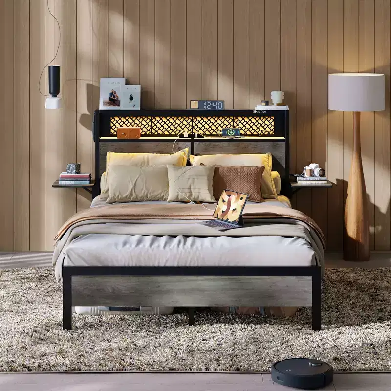 Bestier Queen/Full Size Bed Frame Upholstered LED Platform Bed with Foldable Trip Shelves and Storage Headboard Charge Station