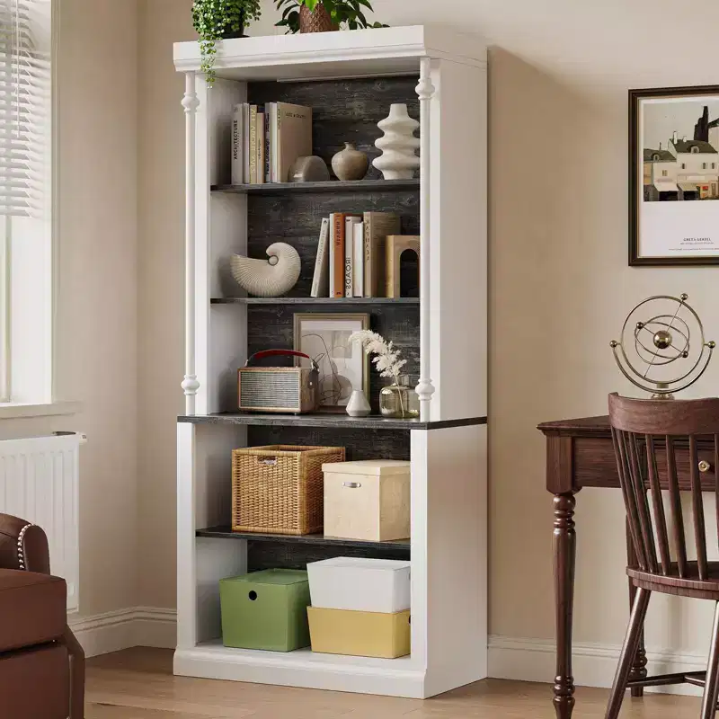 White & Dark Grey 5-Tier Bookshelf with LED Lighting, Roman Column Style, 71