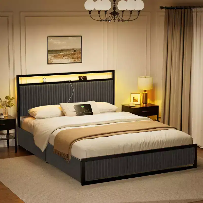 Upholstered Bed Frame with 2 Storage Drawers, LED Headboard, USB Ports, Dark Gray