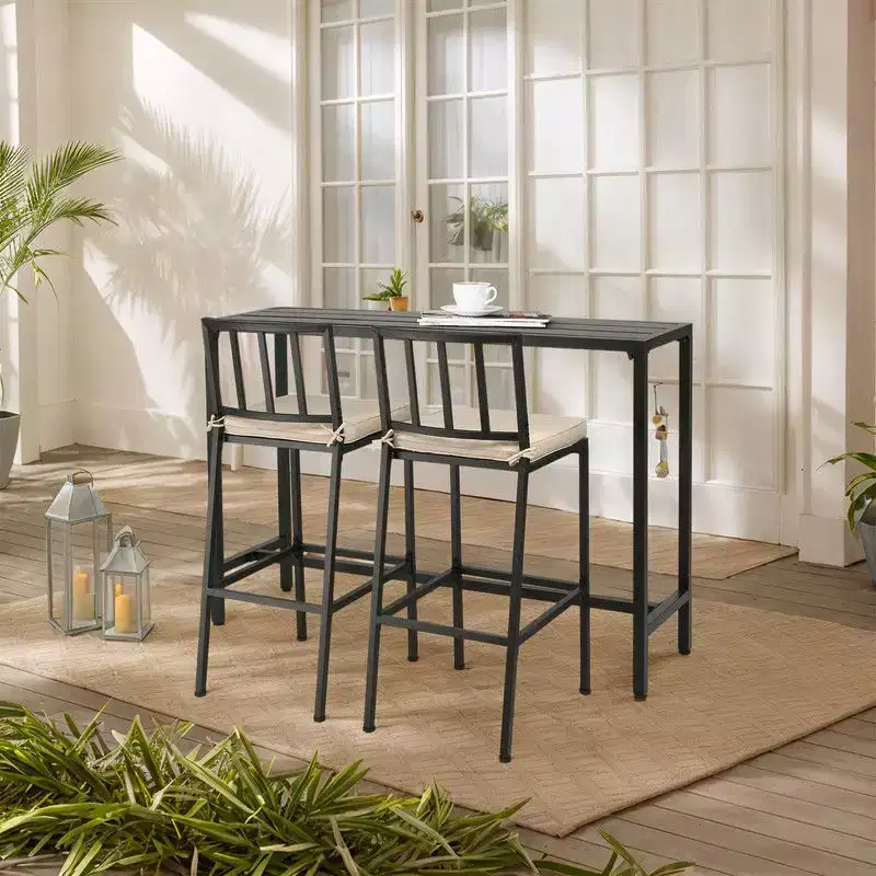 Karl Home Black Steel Frame 3-Piece Metal Rectangular Outdoor Serving Bar Set with Beige Cushions