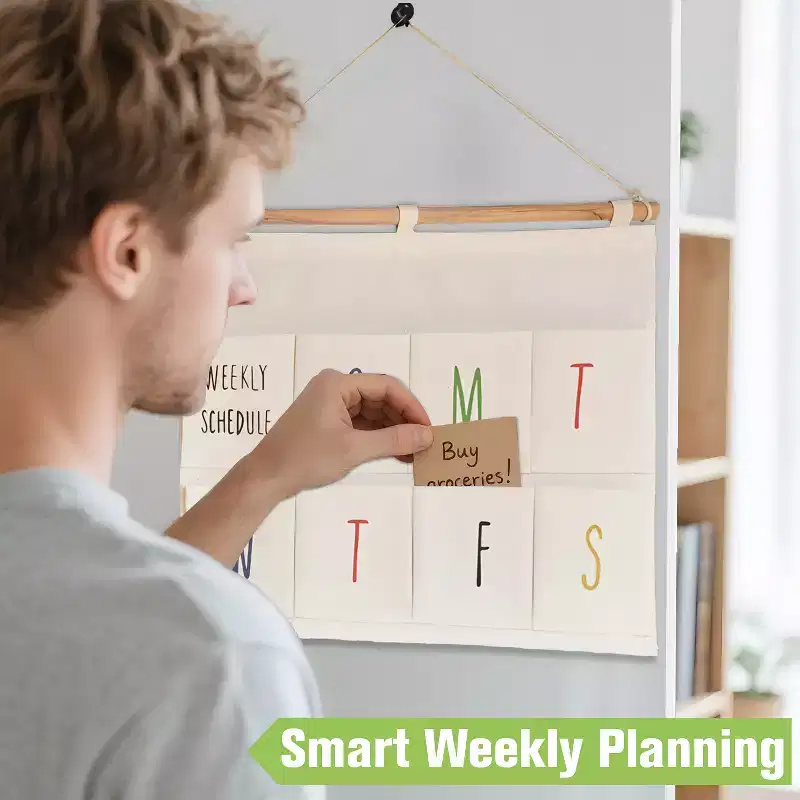 Wall Pocket Weekly Planner, Wall Storage Organizer, 8 Pockets Hanging for To-Do List, Pocket Chart Daily Schedule Planner, White