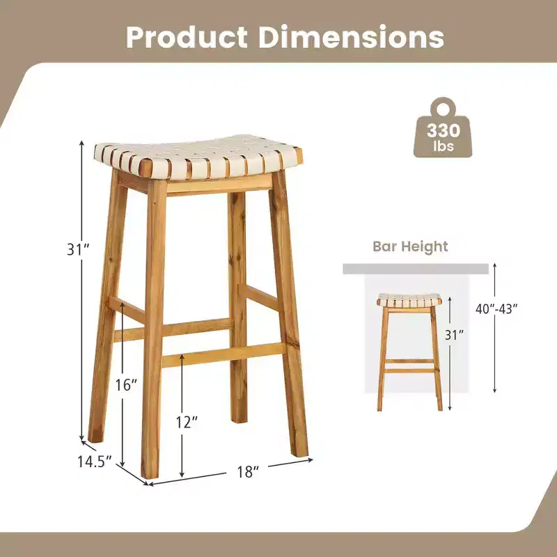 Costway Woven Saddle Stools Set of 2 31'' Faux PU Leather Bar Height Kitchen Stool Black/Beige