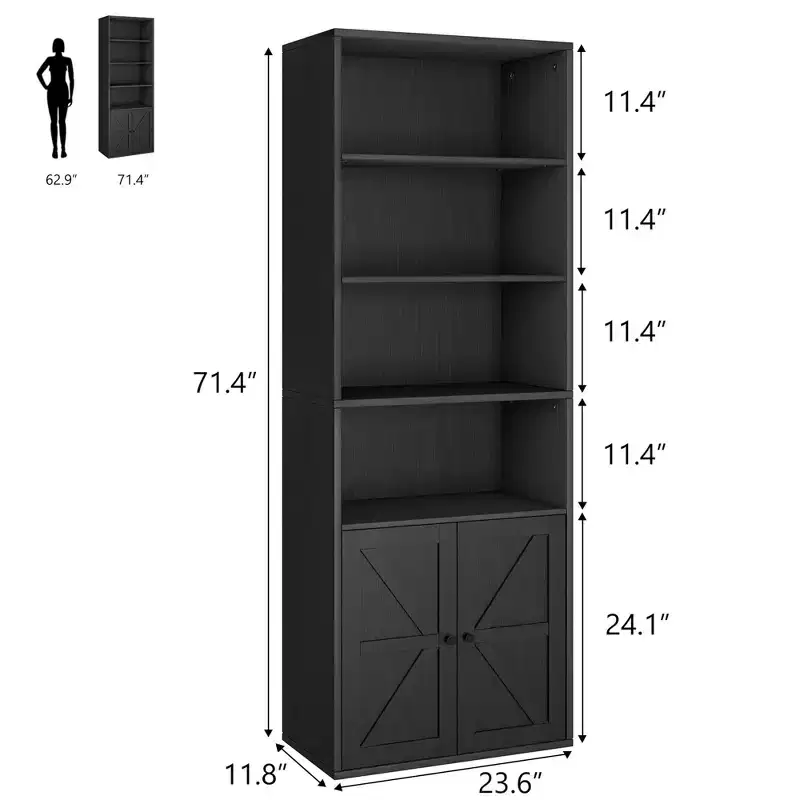 Farmhouse Bookcase with Doors 11.8in Depth Display Storage Shelves 71.4in Tall Industrial Bookshelf Wooden 6 Shelf Bookshelves for Bedroom