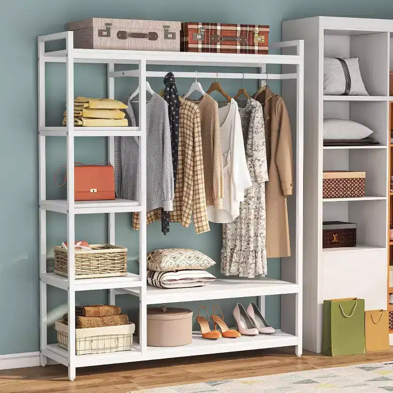 Free Standing Wood Closet Clothes Rack, Heavy Duty Garment Rack with Shelves for Bedroom, Wardrobe Organizer, 350 lb Capacity