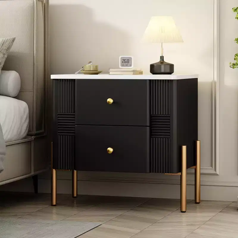 Modern Minimalist Nightstand with 2 Storage Drawer, Golden Metal Handles and Legs, Unique Textured Design