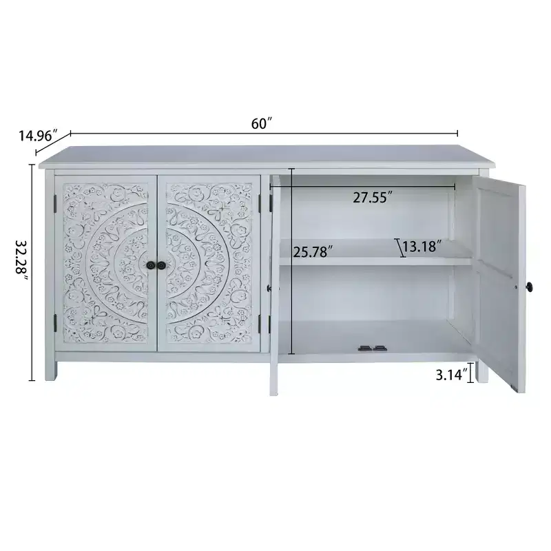 60in Sideboard Pantry Cabinet, Rustic Wood Accent Storage Cabinet with 4 Doors, Versatile Buffet Cabinet for Home Decor and Organization White
