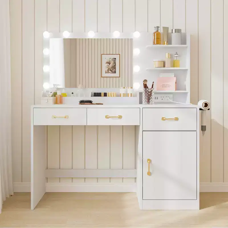 Makeup Vanity Desk with Mirror 3 Drawers, 2 Cubbies, Cabinet, Open Shelves Wooden Dressing Table for Bedroom or Dressing Room White