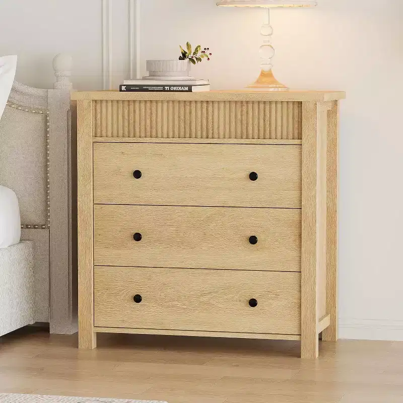 Fluted 3-Drawer Dresser & Nightstand, Wooden Chest with Storage for Bedroom, Living Room, Hallway or Entryway