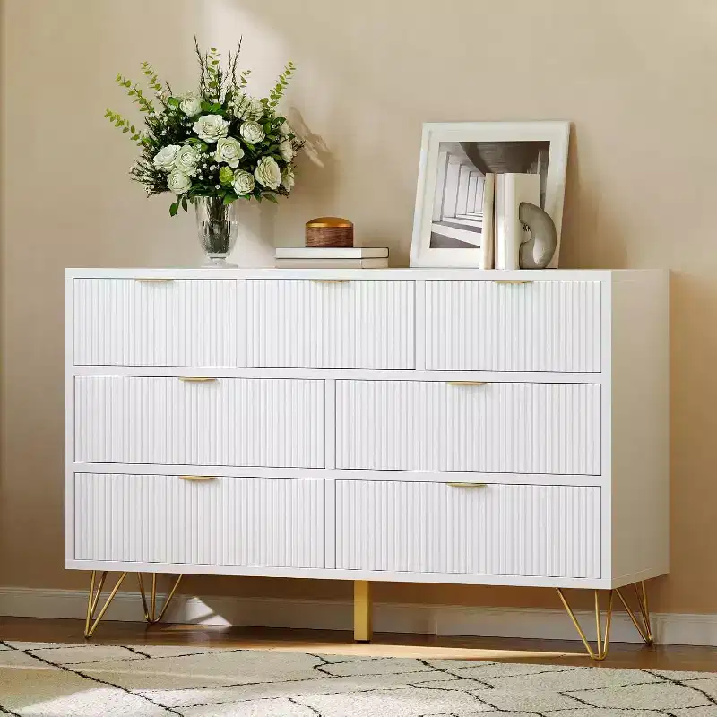 7 Drawer Modern Dresser, 47.2 in Wide Wooden Chest with Gold Metal Legs & Handles, for Bedroom, Entryway, Living Room, Office