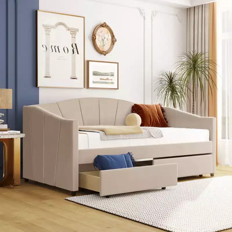 Upholstered daybed Twin Size with Two Drawers and Wood Slat Beige