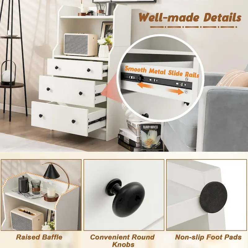 3-Drawer Dresser 44 Tall Wood Storage Organizer Chest w/ 2