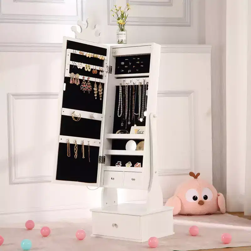 46 Kids Jewelry Cabinet with Full-Length Mirror, Storage Drawers and Jewelry Armoire for Kids Bithday