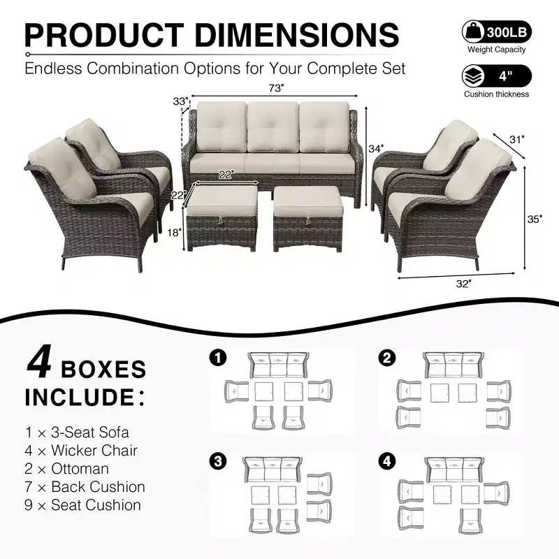UPTIOT All-Weather Olefin Wicker Sofa & Chair Set with Multi-Functional Ottomans