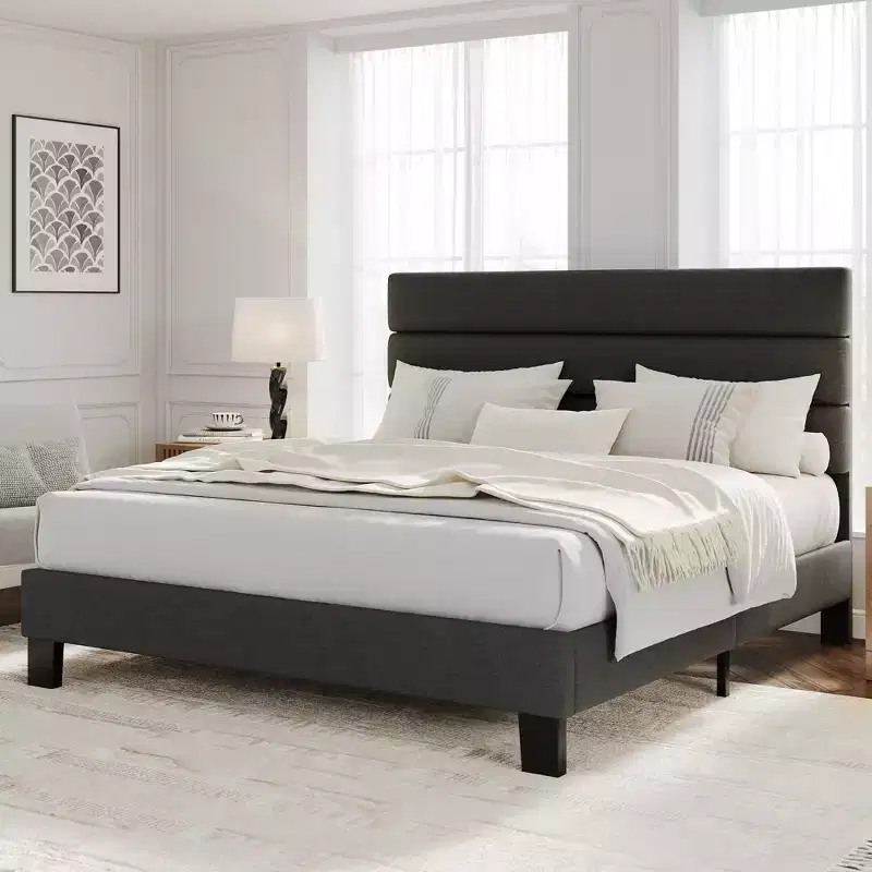 Heavy Duty Bed Frame with Adjustable Headboard, Fabric Upholstered and Wooden Slats Support, No Box Spring Needed