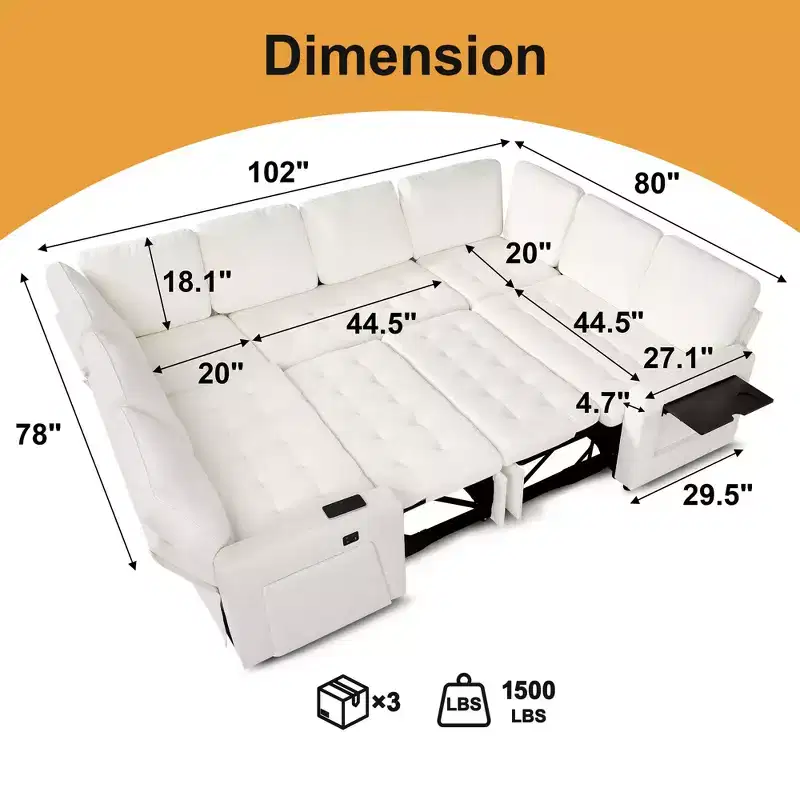 Dyonery 8 Seat U-Shaped Modular Sectional Sleeper Sofa with Pull Out Bed/Reclining Backrest/USB Ports/LED Light Tool-Free Assembly,Chenille Beige