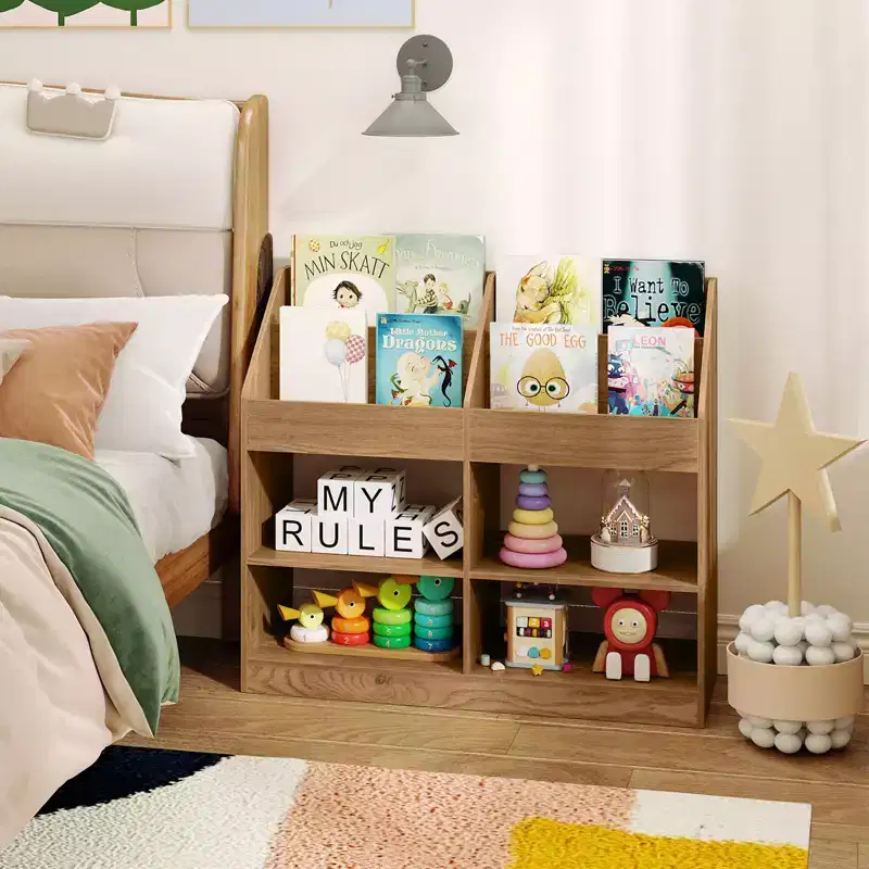 3-Tier Kid's Bookshelf w/Display Rack & 4 Compartments for Kids Room Playroom