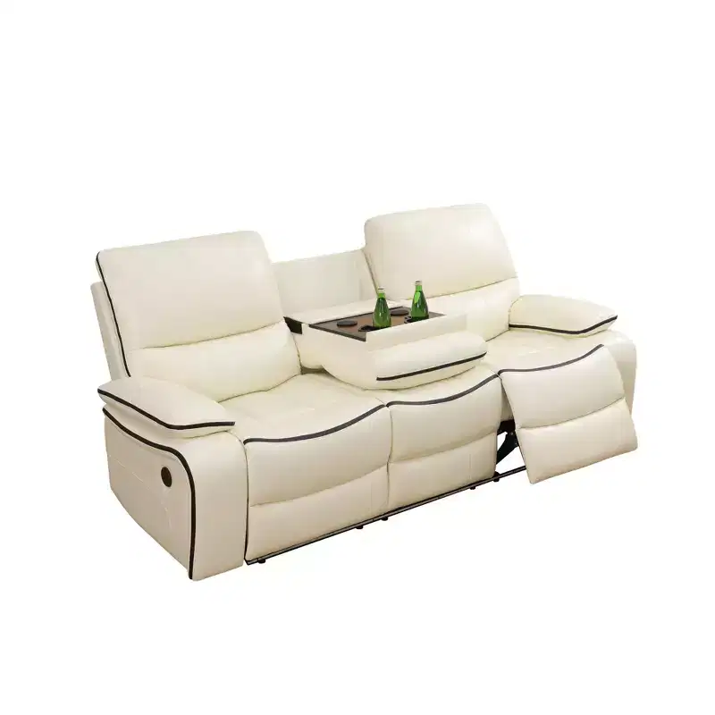 Power Reclining Sofa, Electric 3-Seat Leather Recliner with USB Charging, Reversible Table & LED Lighting for Living Room, Off-White
