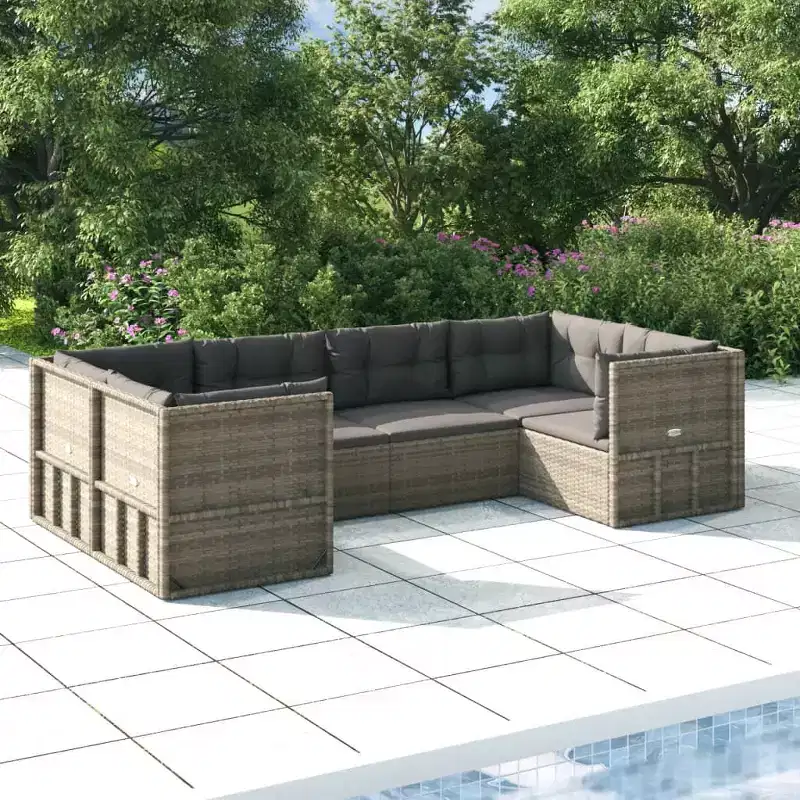 vidaXL Outdoor Patio Furniture Set - 6 Piece Sectional Sofa Gray Poly Rattan - Adjustable Seats, Cushions Included