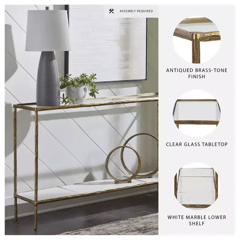 Console Sofa Table, Antique Brass Finish with Glass Top and Marble Shelf