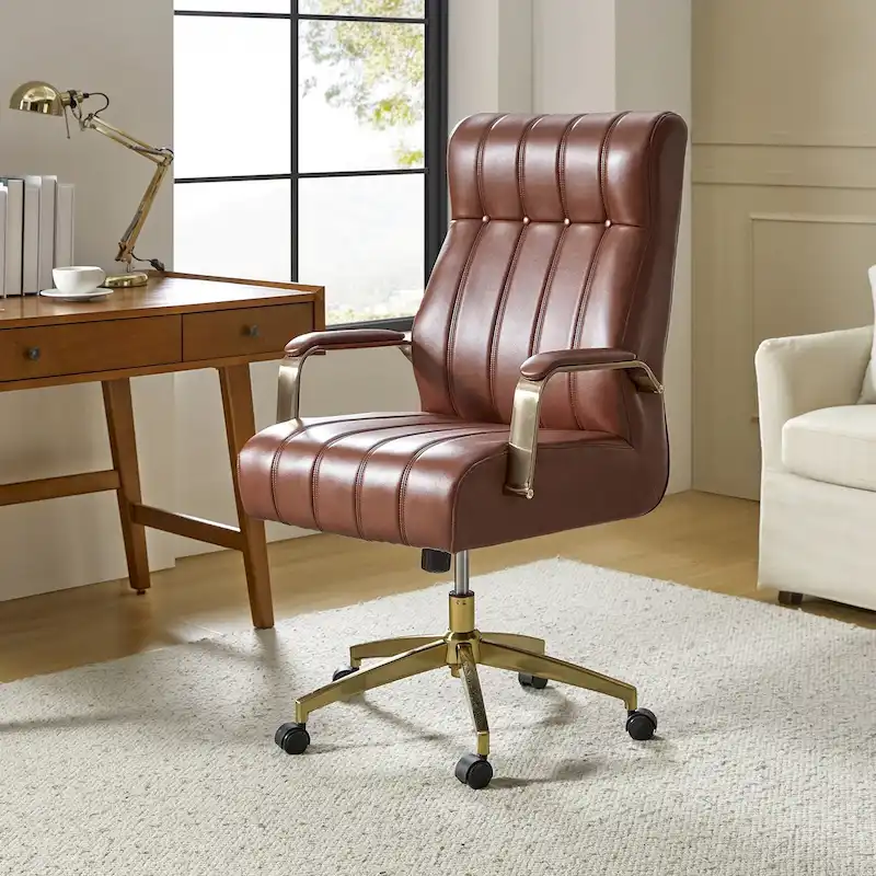 Mid-Century Modern Vegan Leather Swivel Tilting Office Chair with Channel Tufted and Metal Feet