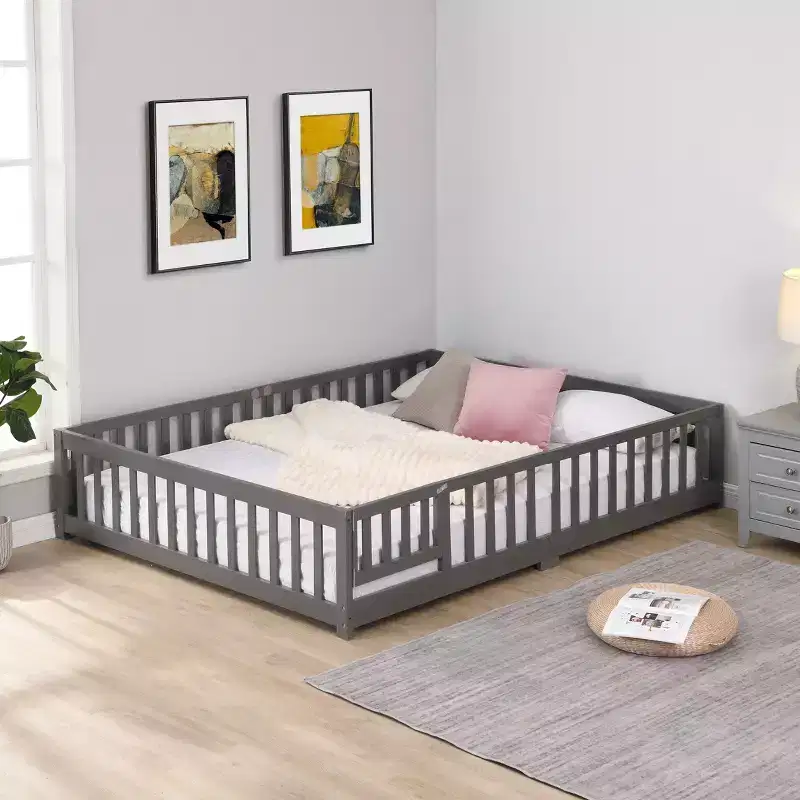 Full Size Toddler Floor Bed with Door for Kids, Modern House Montessori Bed with Fence